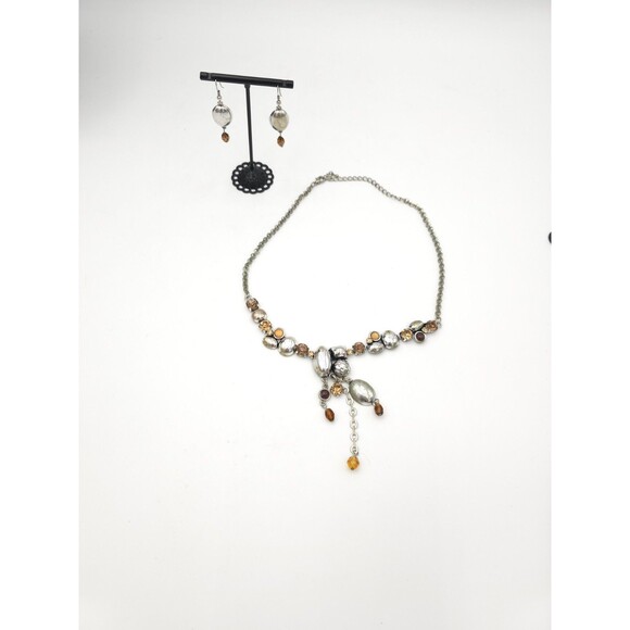 Vintage Faux Amber Rhinestone Silver Tone Dangle Bib Necklace & Earrings Boho - Picture 2 of 8